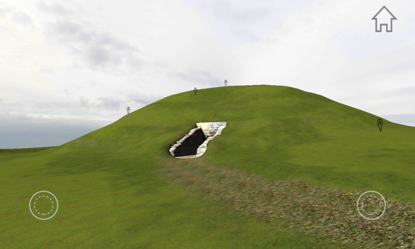 A screenshot of a 3D model of a grassy mound with a doorway. There are markers all over the mound.