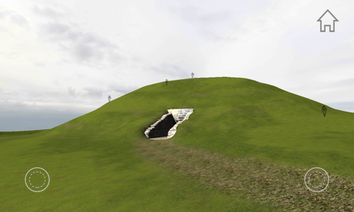 A screenshot of a 3D model of a grassy mound with a doorway. There are markers all over the mound.