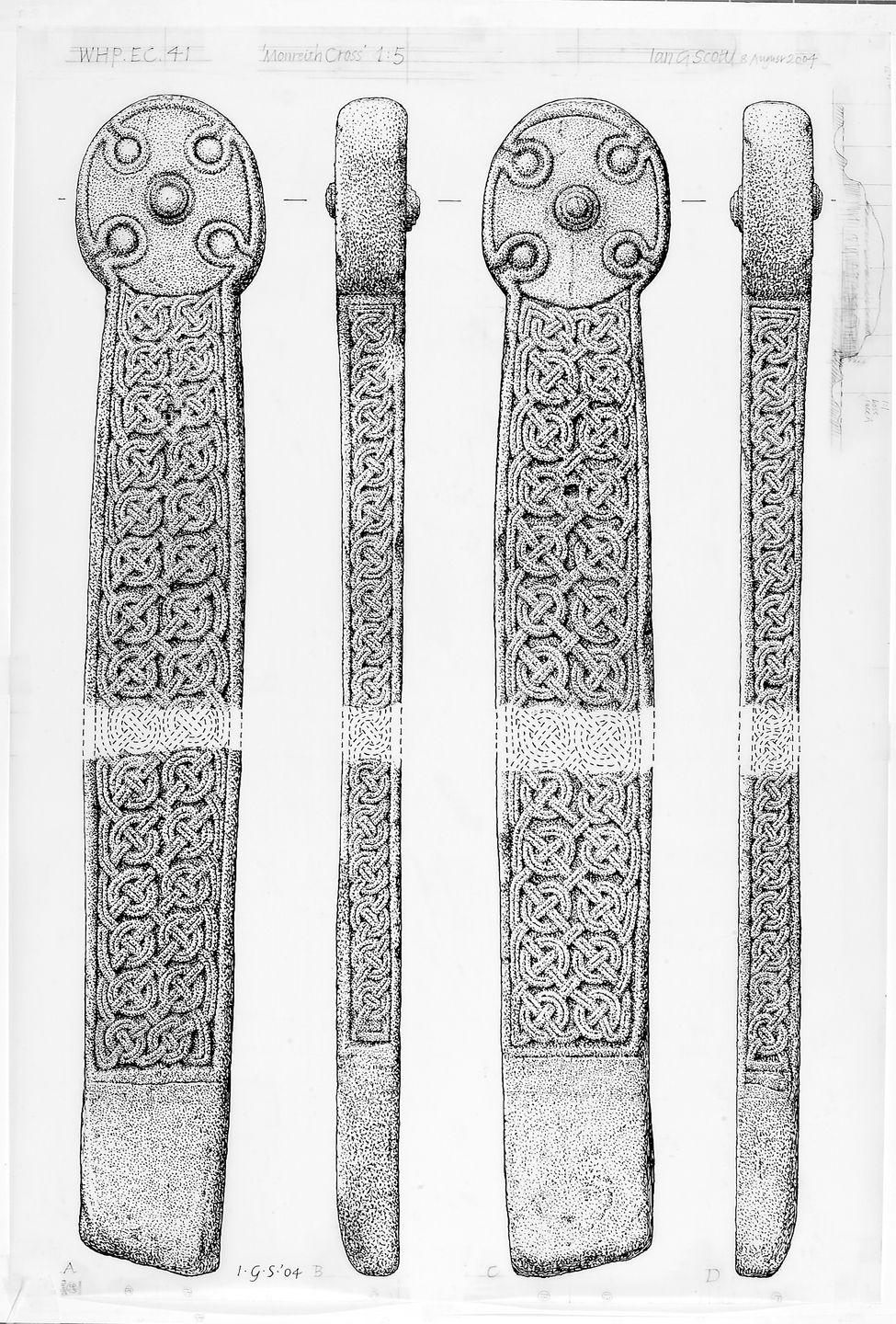 Black‑and‑white illustration showing four views of a carved cross‑slab from Whithorn, with a round cross‑head and a long shaft densely decorated with interlaced knotwork.