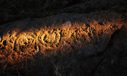 Photograph of prehistoric cup and ring rock art markings 