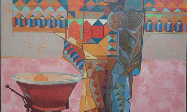 colourful painting showing abstract shapes in the figure of a person with a wheelbarrow beside them