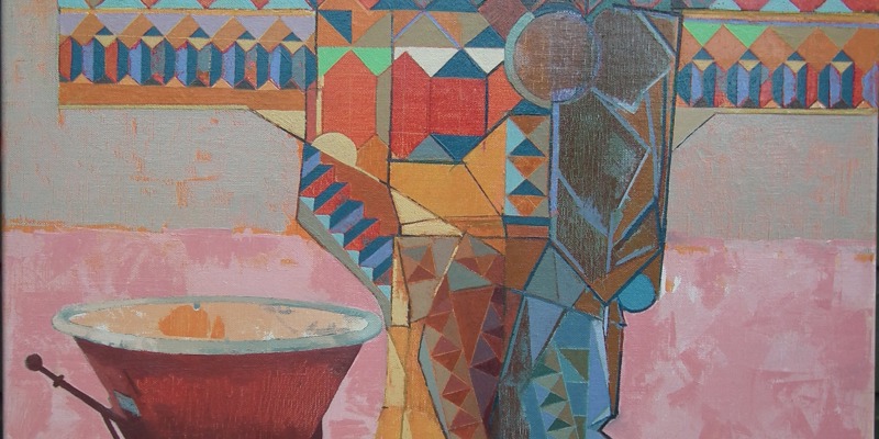 colourful painting showing abstract shapes in the figure of a person with a wheelbarrow beside them
