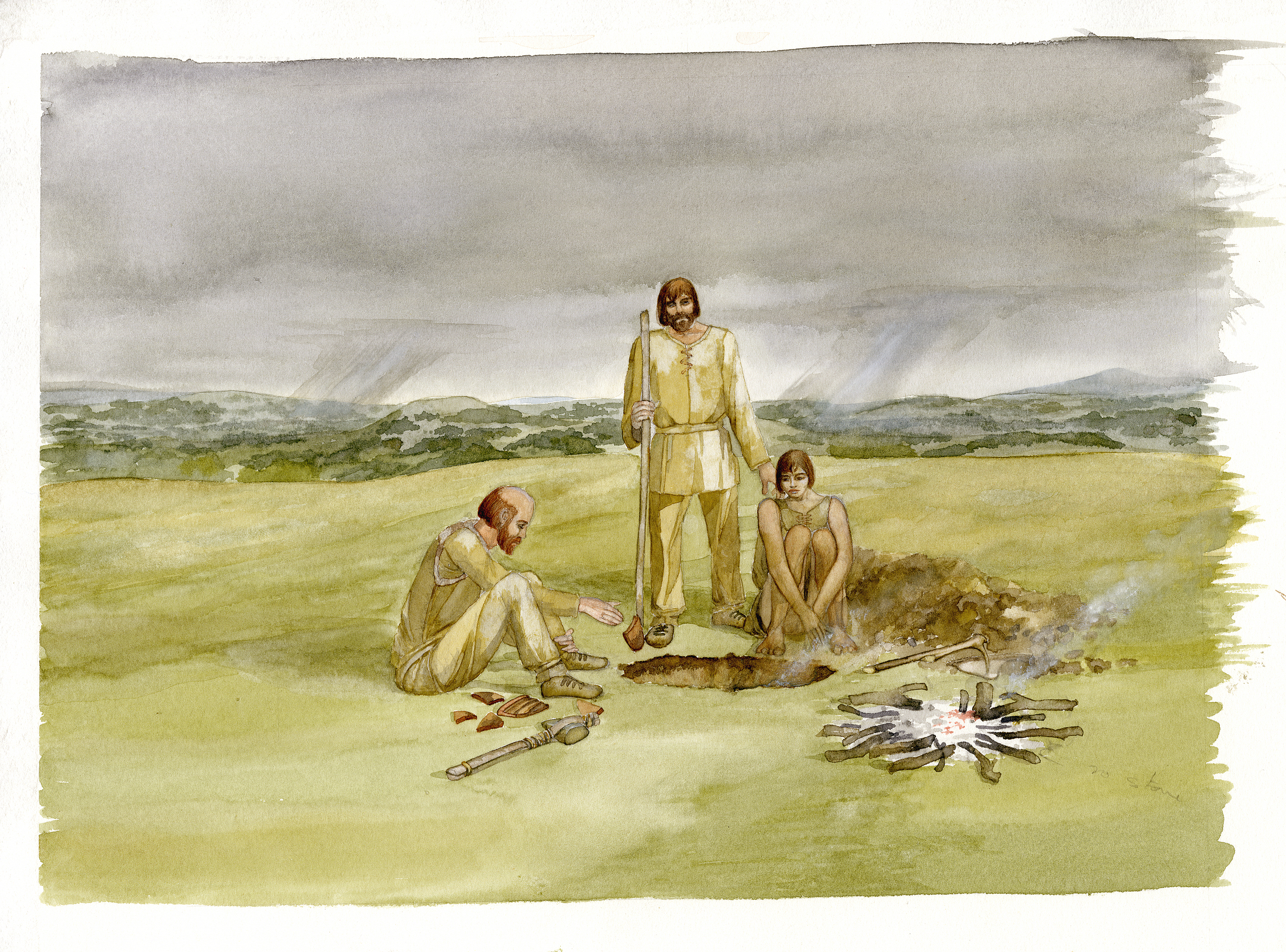 Drawing, perhaps watercolour, showing three people beside a small campfire with tools
