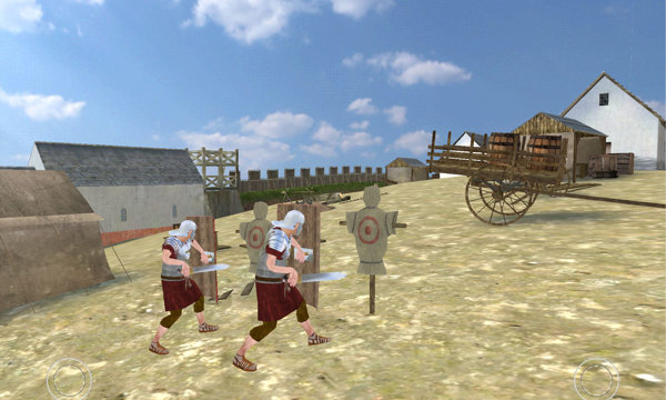 screenshot of computer game showing two animated soldiers in roman uniform brandishing swords at mannikins