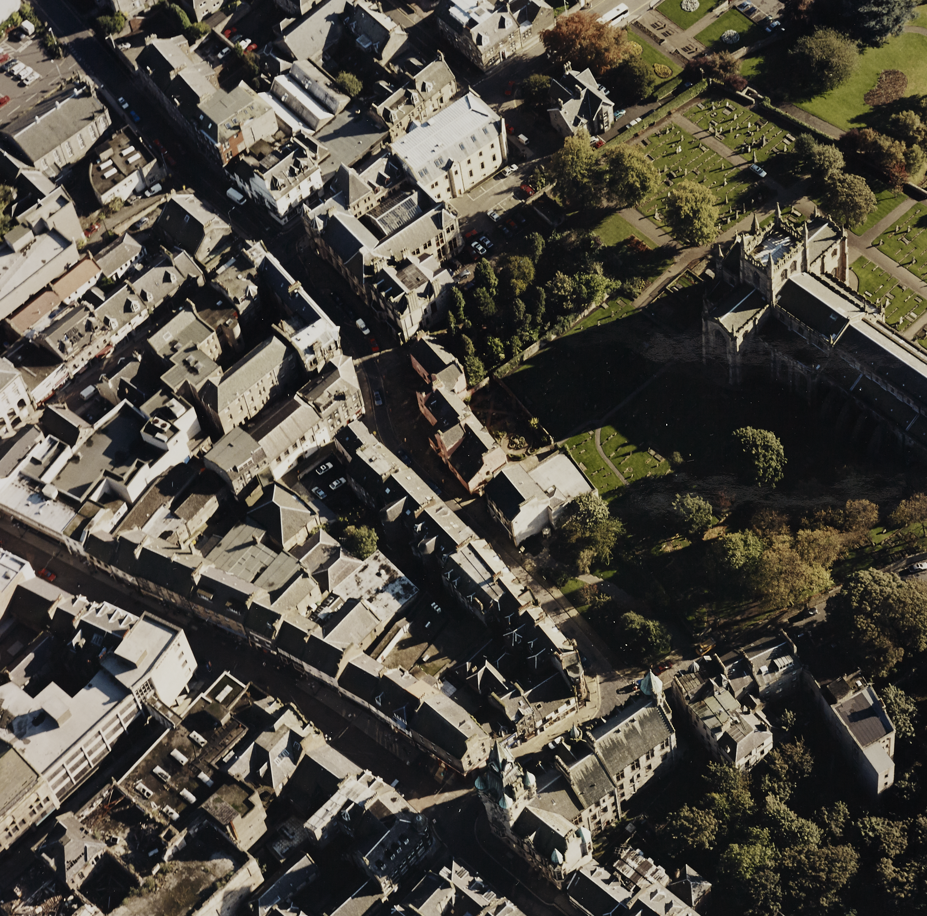 Aerial view of Dunfermline with abbey on right