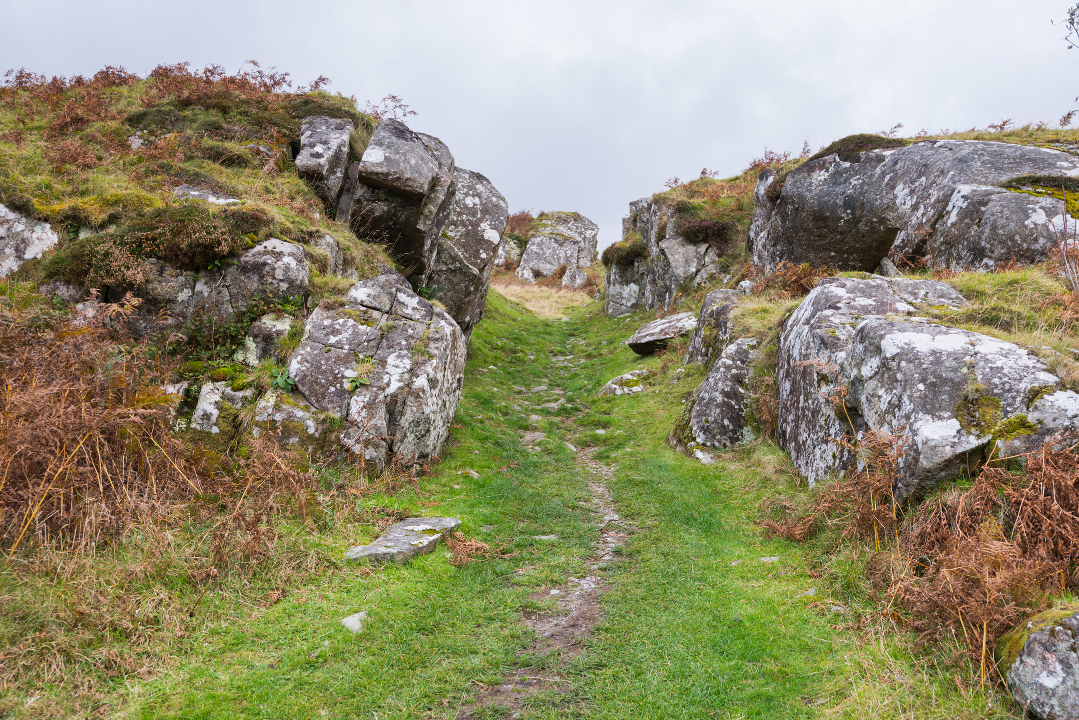A grassy, uneven path winding upward between large rocky outcrops on the slopes of Dunadd Hill.