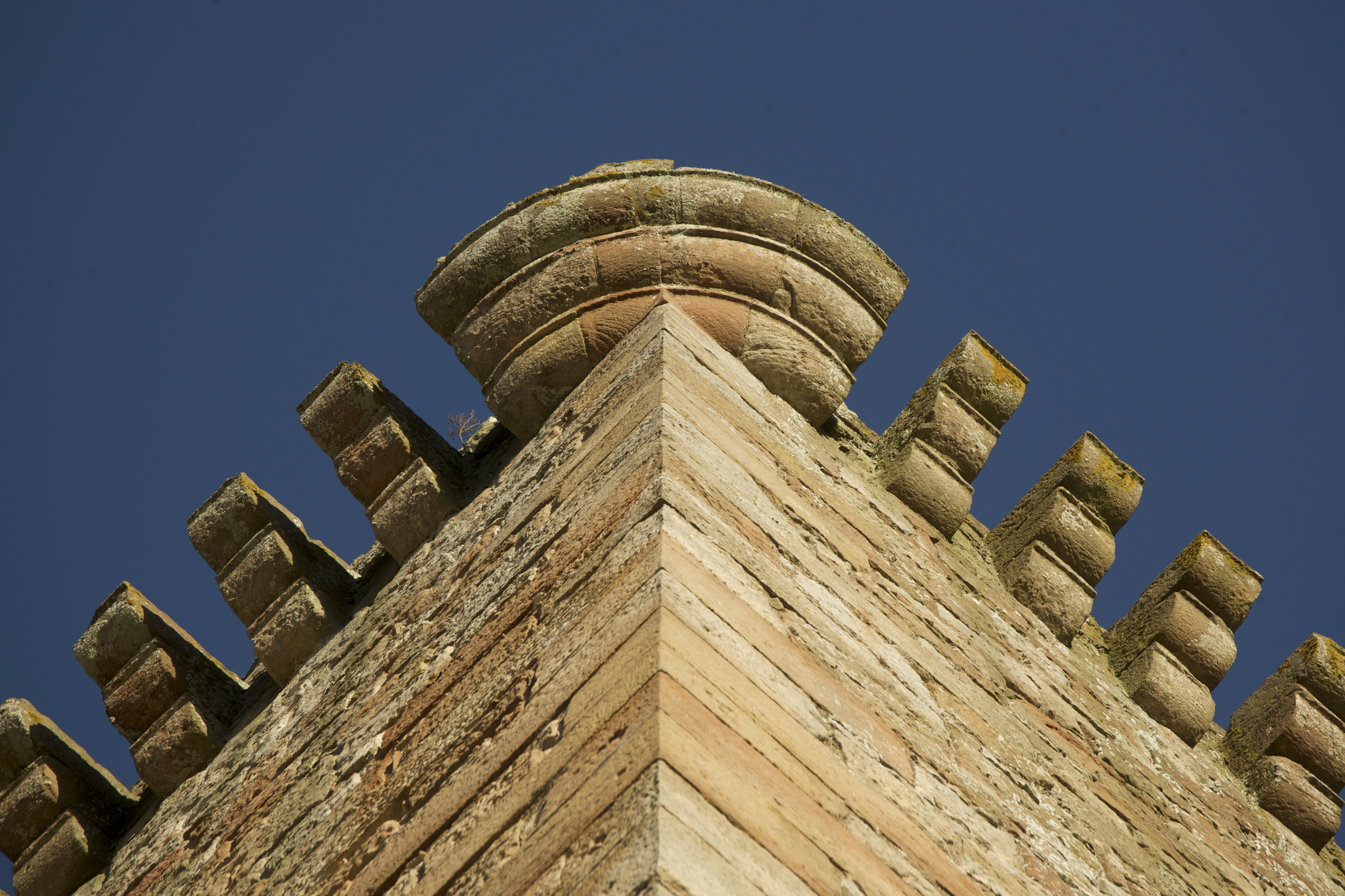 View of the machicolated parapet on Crichton Castle.