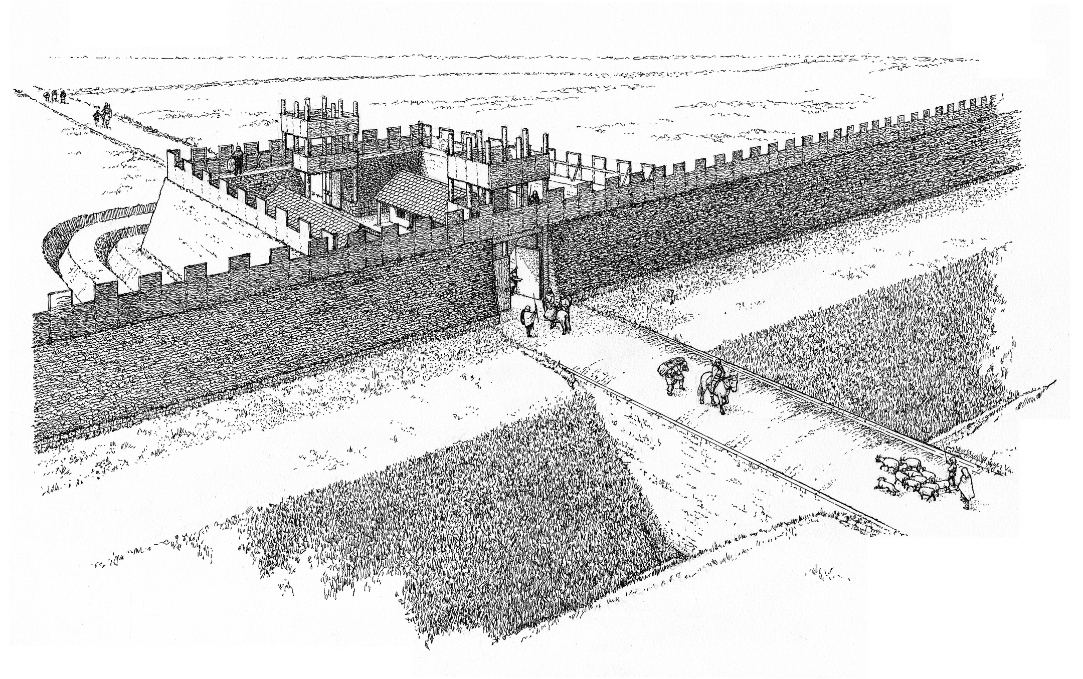 Illustration showing a reconstructed Roman fort and defensive ditch at Watling Lodge on the Antonine Wall