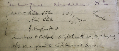 Stoker's 1894 signature in hotel guest book