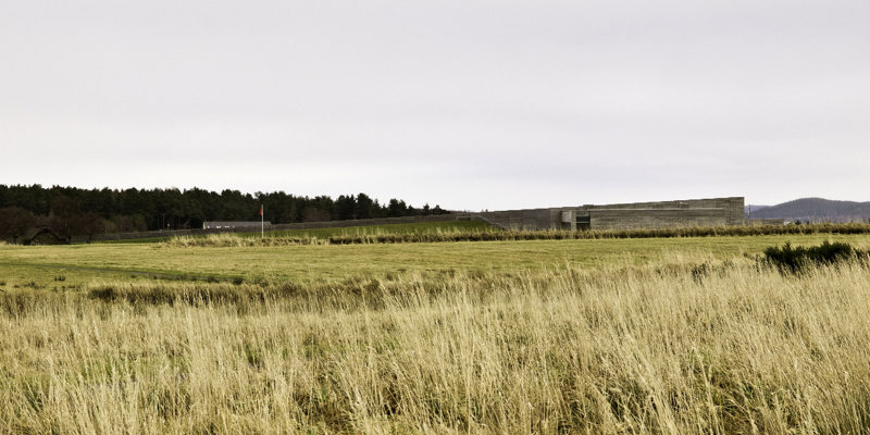 View east from Culwhiniac enclosure to the south end of the Hanoverian line and the Culloden visitor centre.