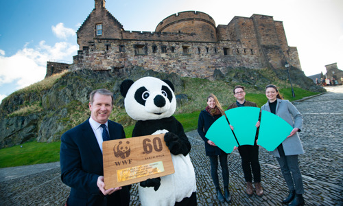 HES staff pose in front of Edinburgh Castle, with a panda mascot handing an award to chief executive 