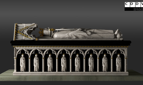 A 3D reconstruction of Robert the Bruce's tomb. A large effigy of Bruce lies horizontally on top of the tomb, which is intricately detailed with 8 carved figures standing under arches. 
