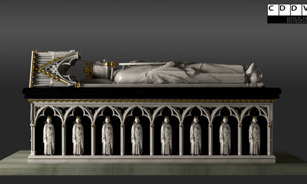 A 3D reconstruction of Robert the Bruce's tomb. A large effigy of Bruce lies horizontally on top of the tomb, which is intricately detailed with 8 carved figures standing under arches. 