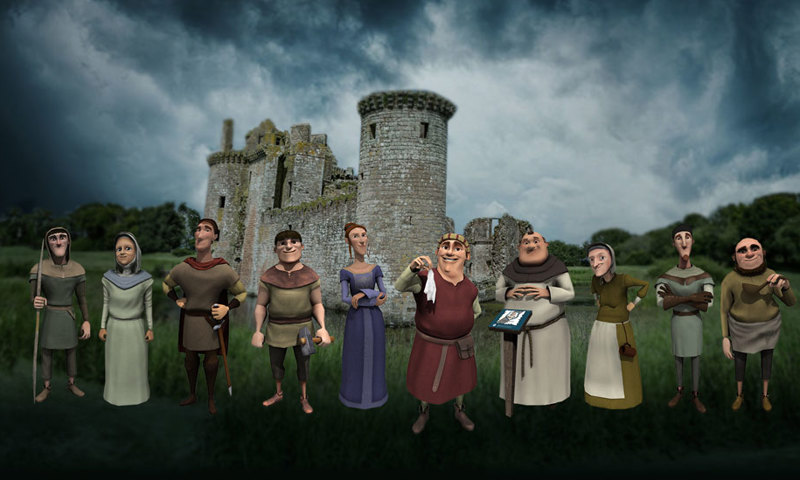 A group of cartoon style characters dress in historical outfits stand in front of a castle on a moody day.