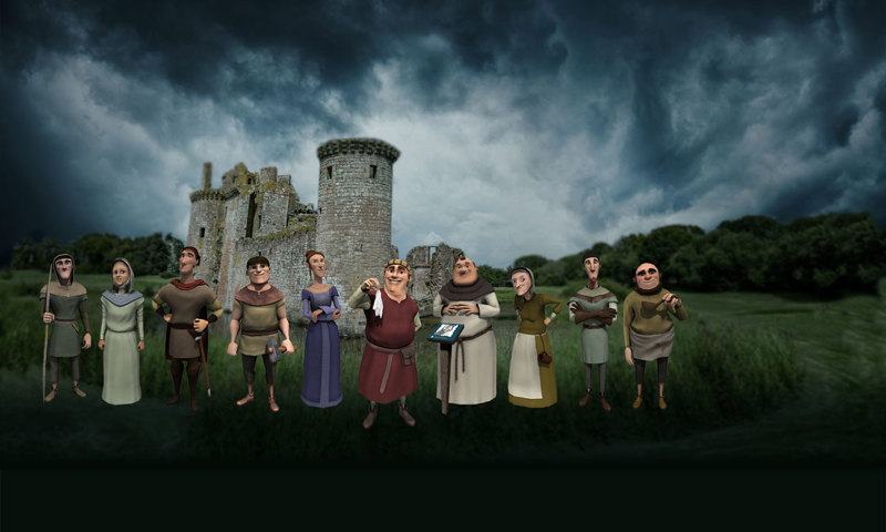 A group of cartoon style characters dress in historical outfits stand in front of a castle on a moody day.