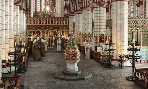 A reconstruction illustration of the cathedral in around 1420. The walls are painted white with red detailing.