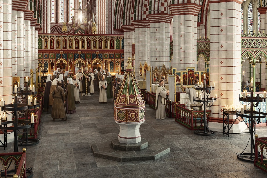 A reconstruction illustration of the cathedral in around 1420. The walls are painted white with red detailing.