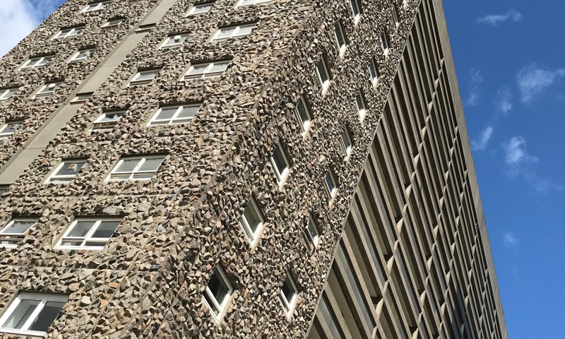 Close-up photo of a high rise block of flats