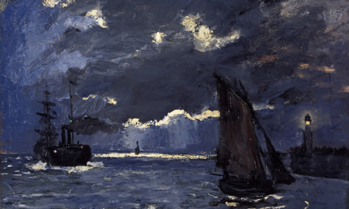 impressionist painting of a seascape in dark blue tones with yellow highlights. A small sailboat is in the foreground. To its right is a harbour with a small lighthouse silhouetted.
