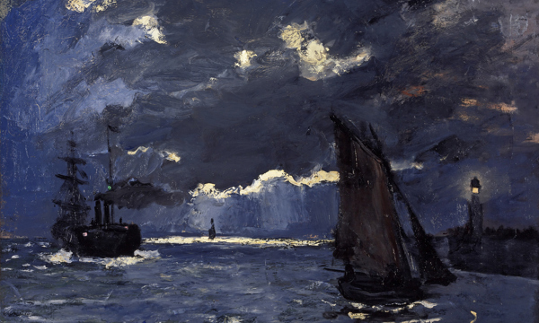 impressionist painting of a seascape in dark blue tones with yellow highlights. A small sailboat is in the foreground. To its right is a harbour with a small lighthouse silhouetted.