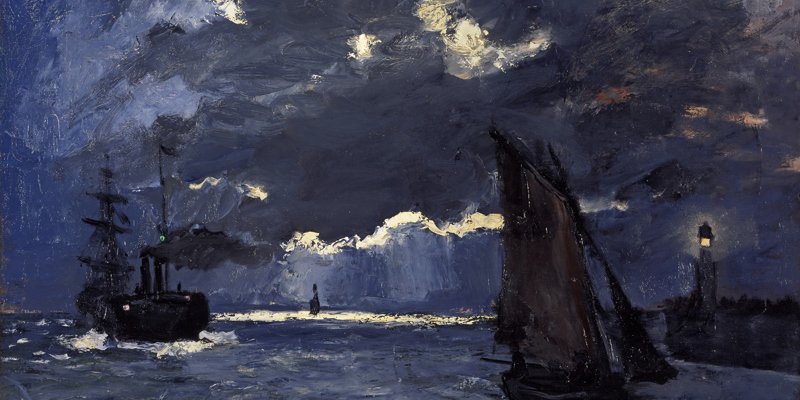 impressionist painting of a seascape in dark blue tones with yellow highlights. A small sailboat is in the foreground. To its right is a harbour with a small lighthouse silhouetted.