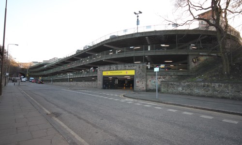view of Scotland's first multi-storey car park from King Stables Road