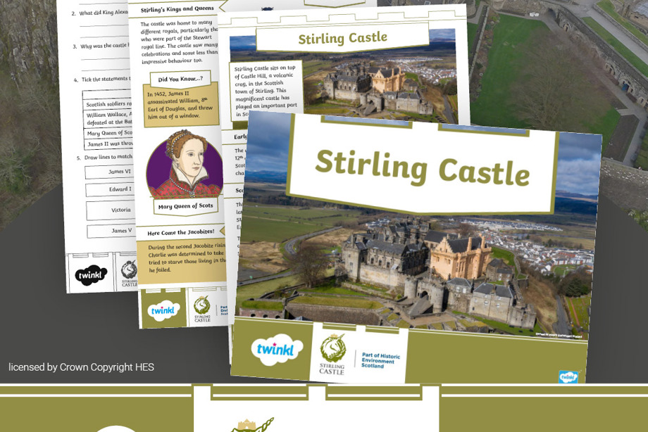 Pages from the Twinkl powerpoint and reading comprehension activities, on top of a photo of Stirling Castle.