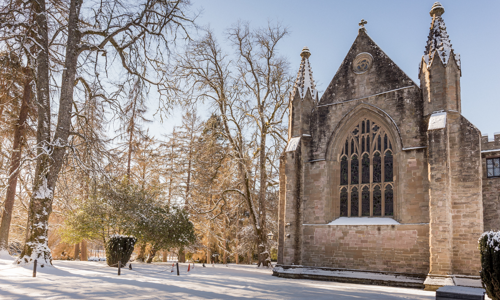 The exterior of Dunkeld Cathedral with a dust of snow