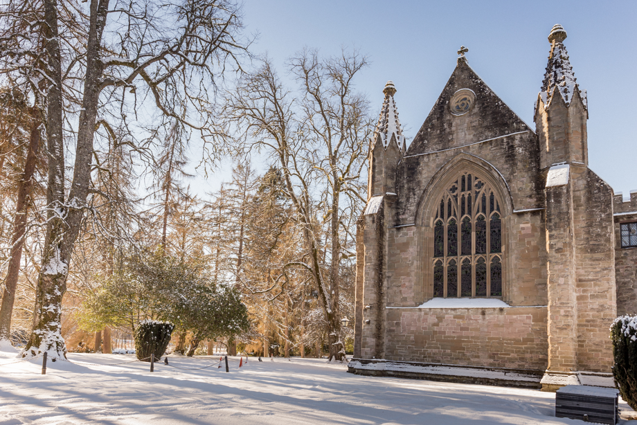 The exterior of Dunkeld Cathedral with a dust of snow