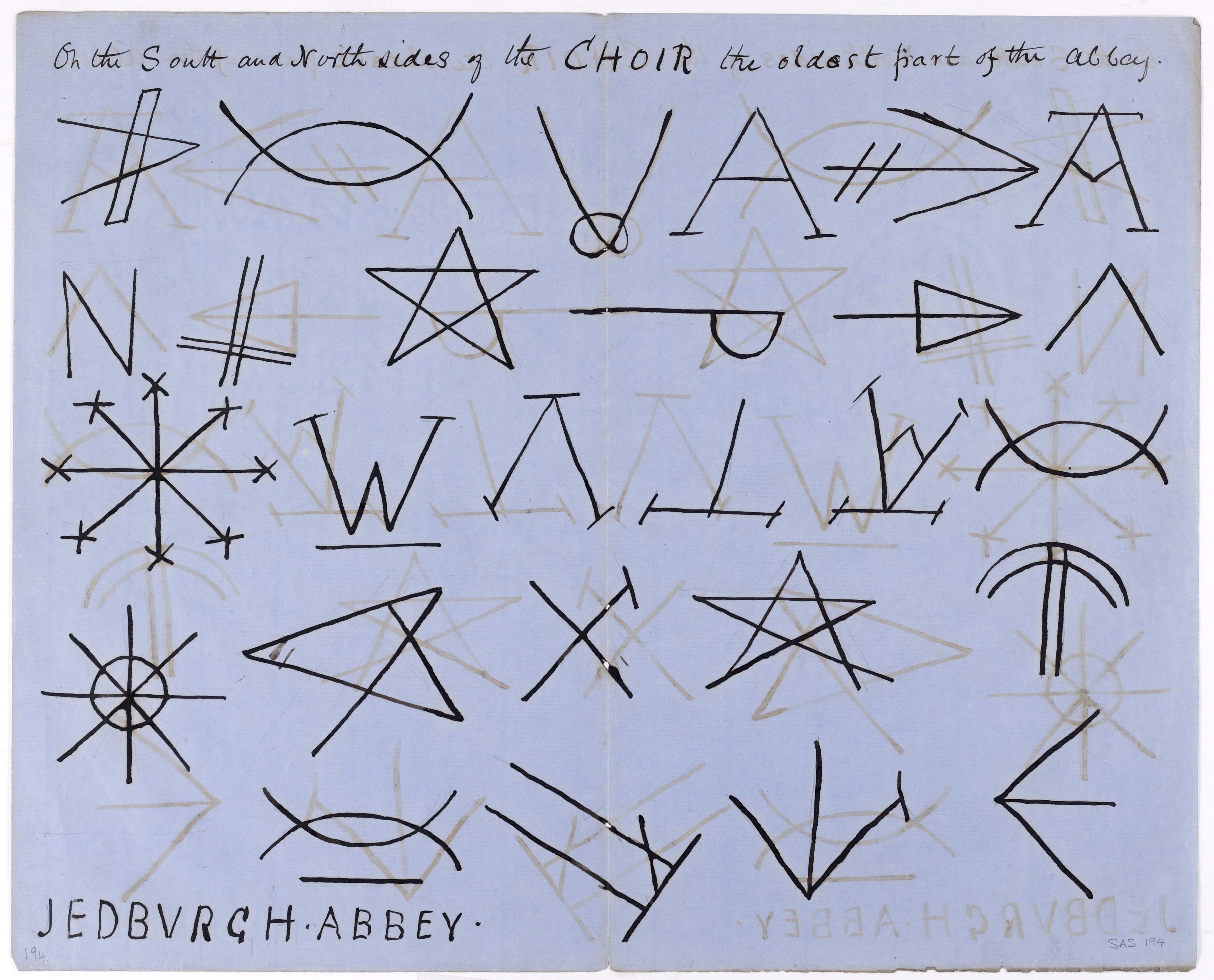 Illustrations of stone carvings including stars, arrows and other geometric shapes
