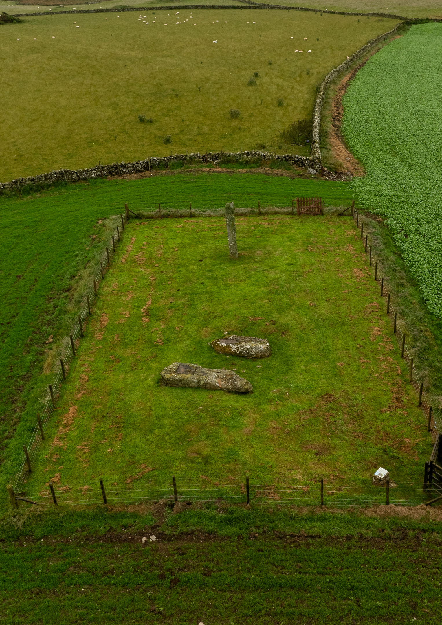 Aerial view looking directly down into the Drumtroddan Standing Stones enclosure, showing the upright stone and two fallen stones