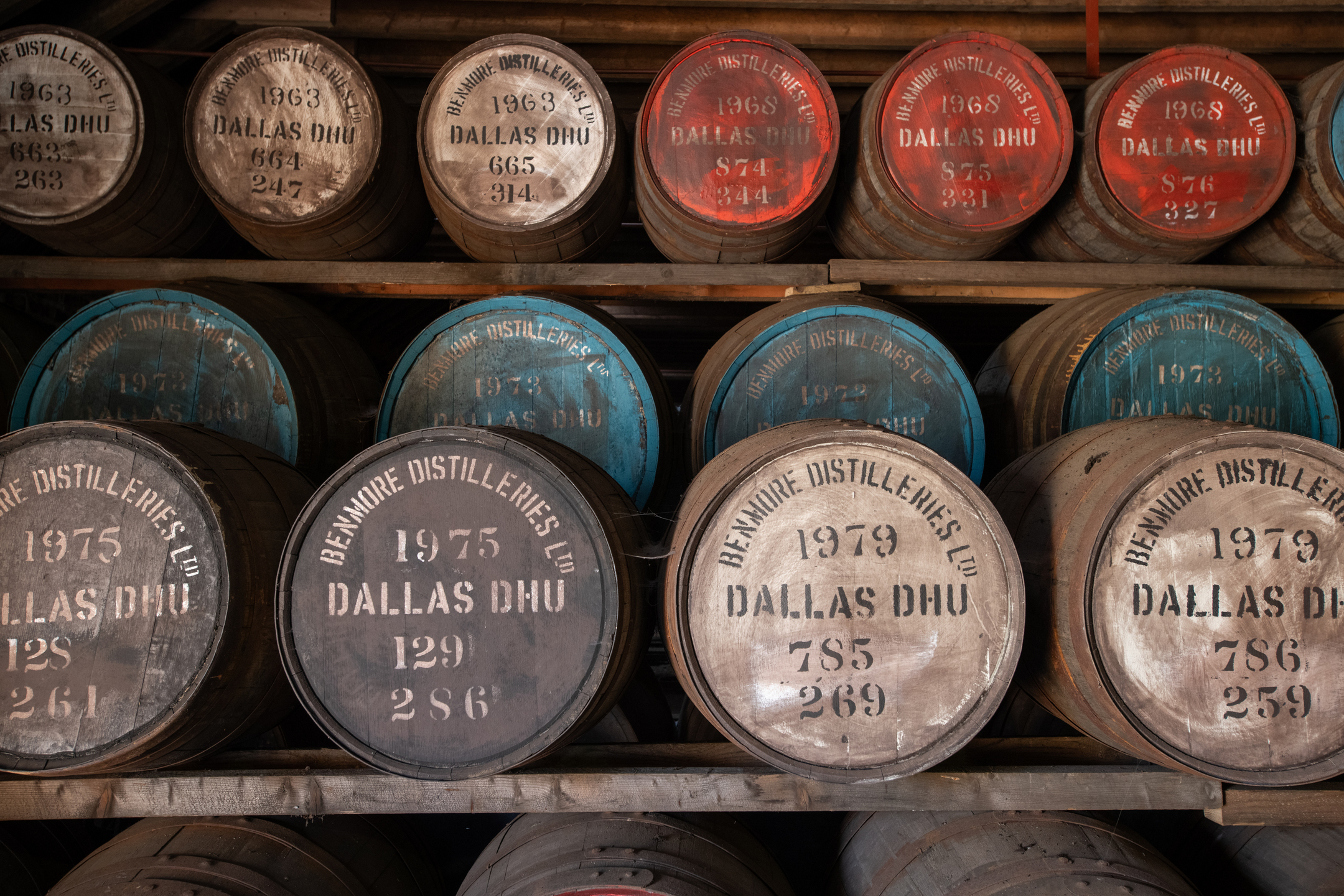 Rows of whisky casks stacked on wooden racks inside a warehouse, with barrel ends marked “Dallas Dhu”.