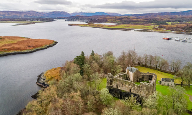 Aerial view of Dunstaffnage Castle and Firth of Lorn