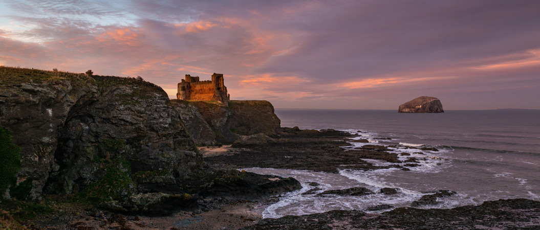 A leafy cliff face, Tantallon Castle and Bass Rock at sunset.