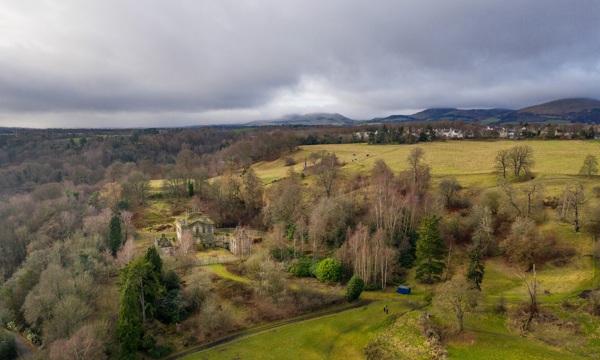 aerial view of Mavisbank House with scaffolding surrounding it