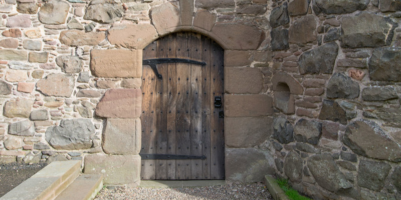 Closed door at Claypotts Castle