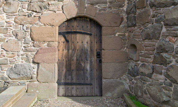 Closed door at Claypotts Castle