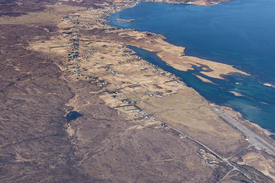 General aerial view of Broadford and the Cuillin Mountains.