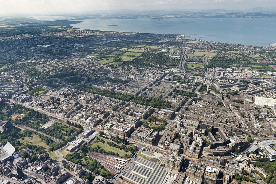 General aerial view of Edinburgh City Centre.