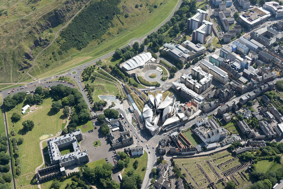 General aerial view of Holyrood House and the Scottish Parliament.