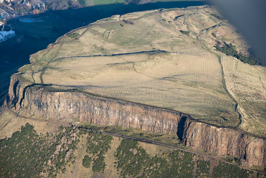General aerial view of Salisbury Crags.
