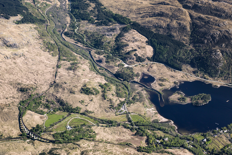 General aerial view of Glenfinnan Viaduct and Loch Shiel.