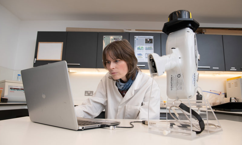 Conservation Scientist, Sarah Hamilton, using an XRF (X-ray fluorescence technology) gun to analyse a stone sample at The Engine Shed