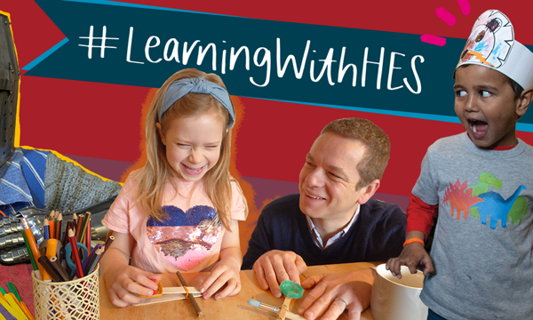 Image of a man and children doing various learning activities along with a person dressed as a knight