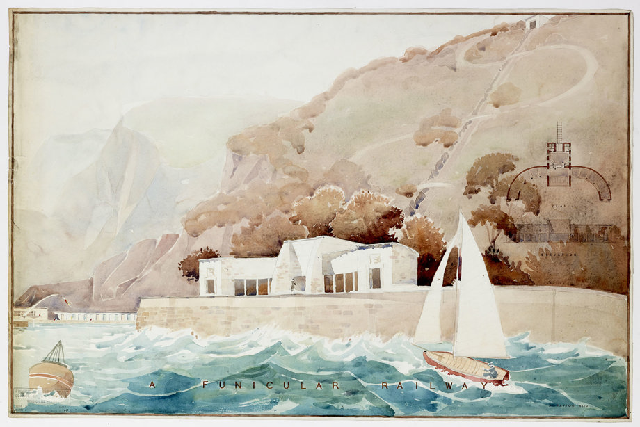 Presentation watercolour painting of a funicular railway also showing plan and elevation of station by Jean Payton Reid