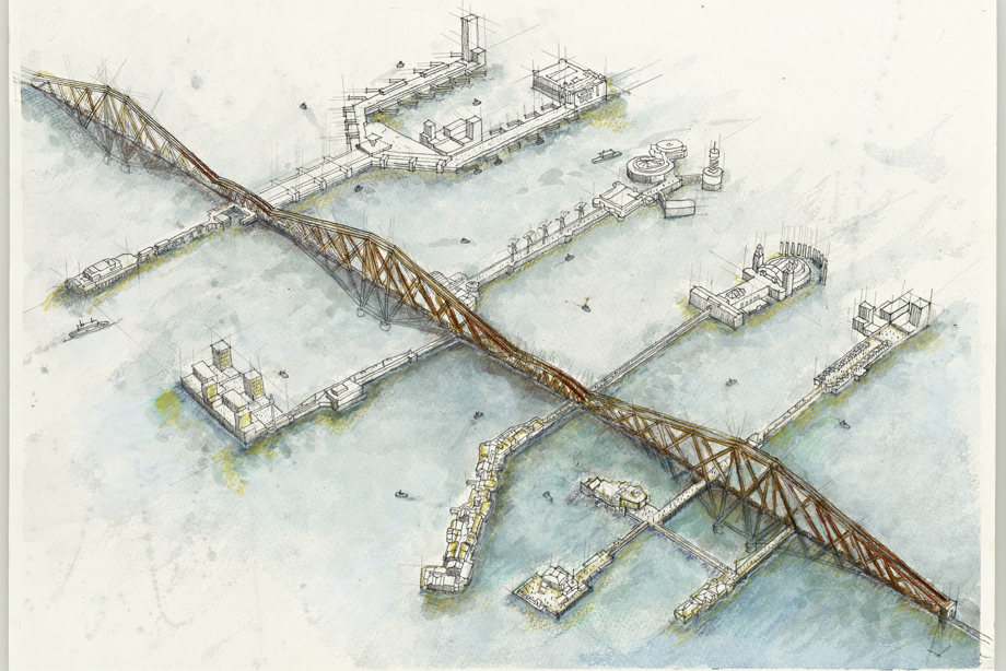 Esquisse showing floating piers off the Forth Rail Bridge drawn by Wynne McLeish