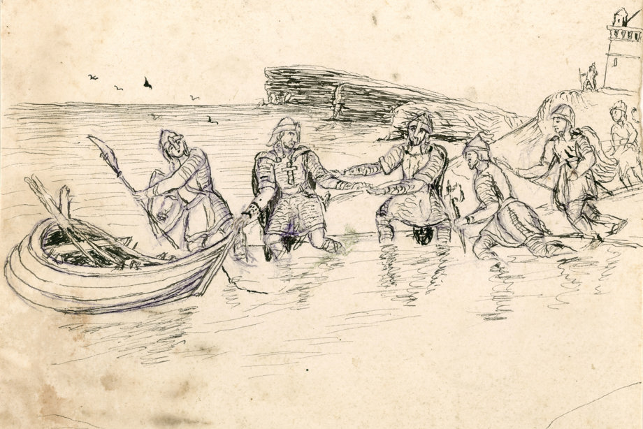 Drawing of Vikings pulling boat ashore