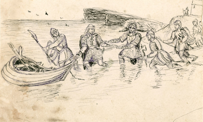 Drawing of Vikings pulling boat ashore