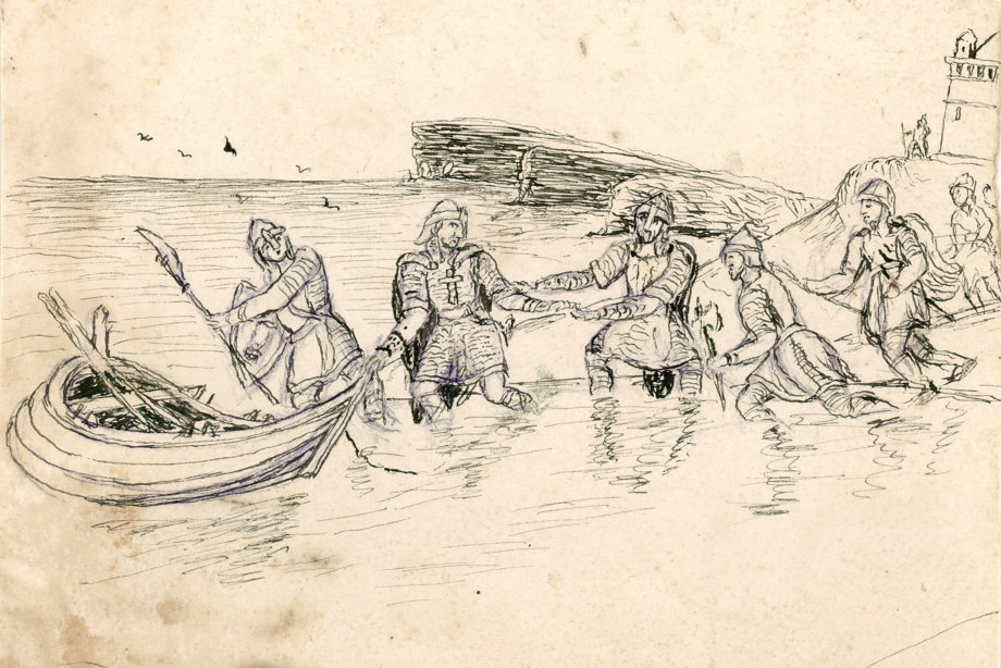 Drawing of Vikings pulling boat ashore