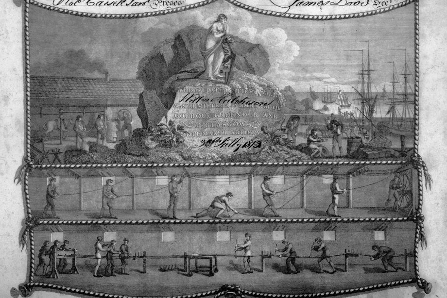 View of Greenock and Port Glasgow Ropemakers Society Certificate dated 30th July 1813, showing the ropemaking process together with a view of the harbour